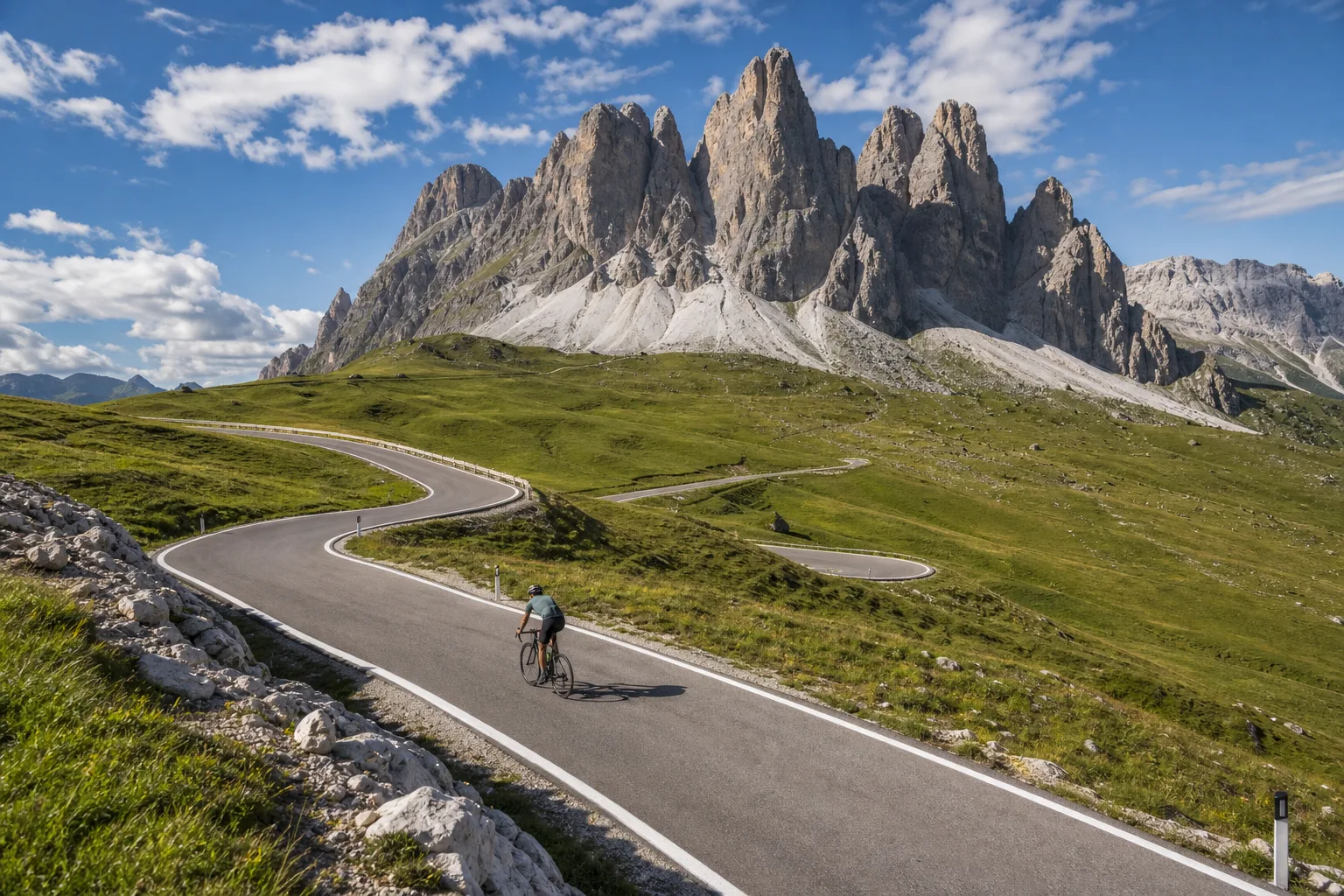 Cyclist on a mountain road in the Dolomites