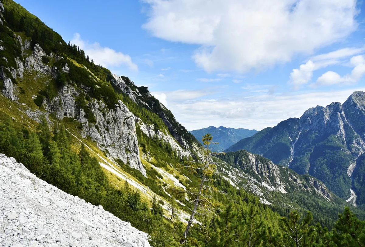 Layered limestone peaks and forested ridges in the Julian Alps