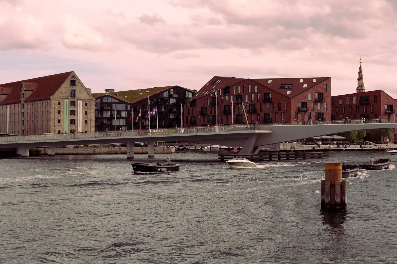 Pedestrians and cyclists beside Copenhagen harbour