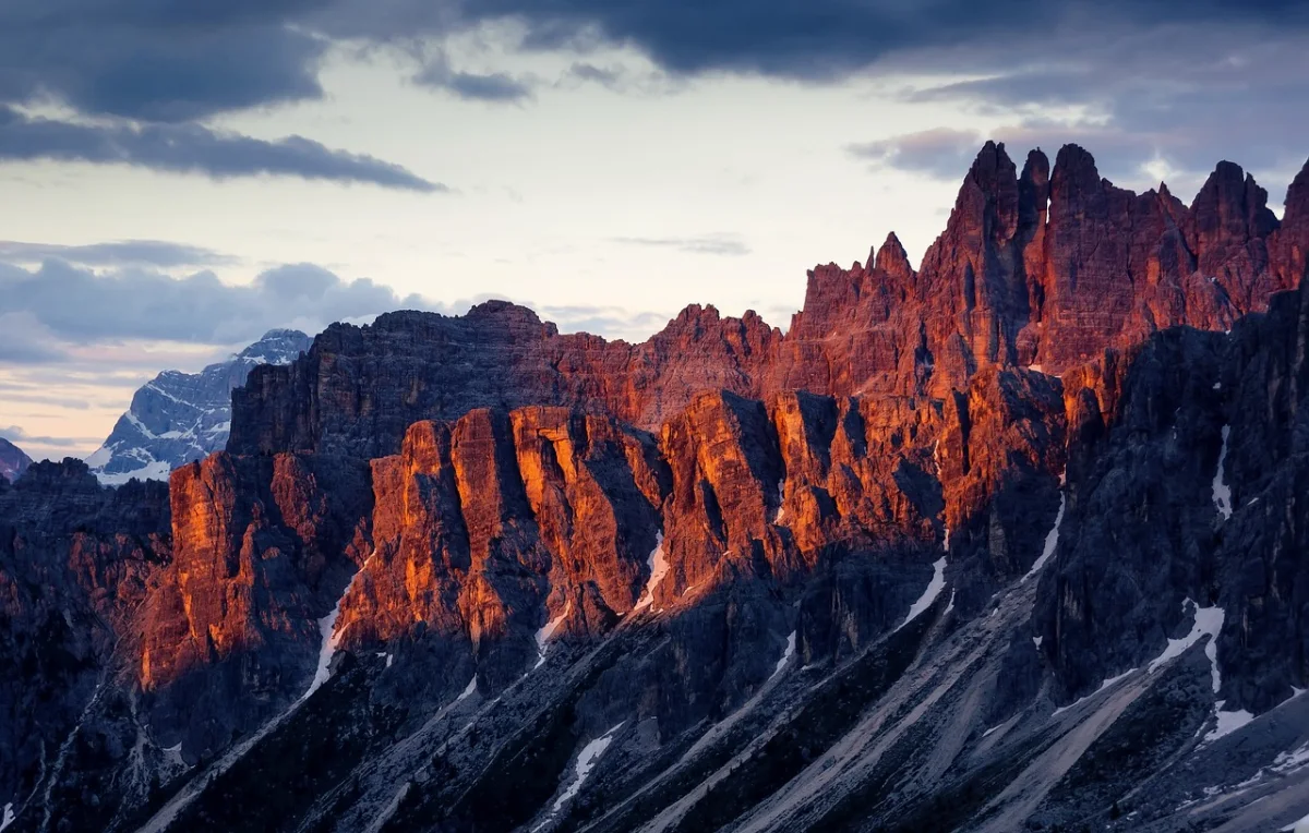 Dolomite rock towers glowing above Passo Giau