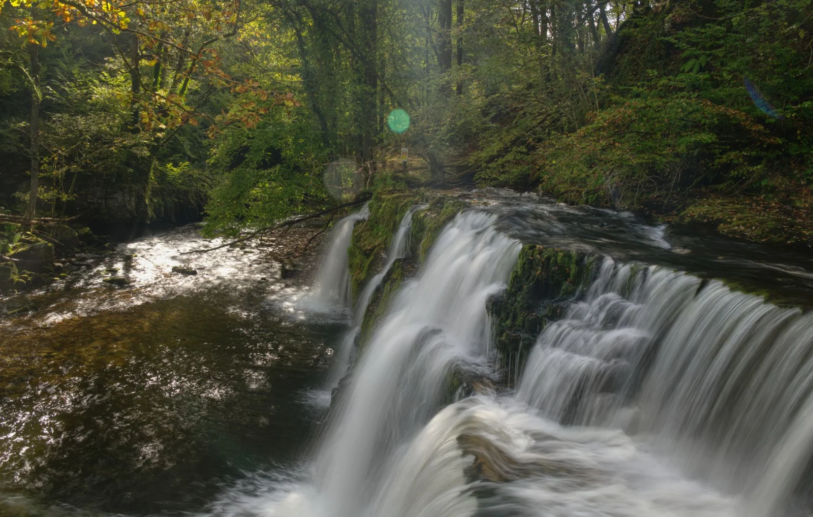 A tranquil waterfall cascades through lush woodland in Brecon Beacons National Park, Wales.