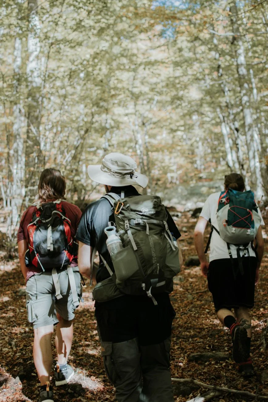 Friends hiking through an autumn forest with day packs