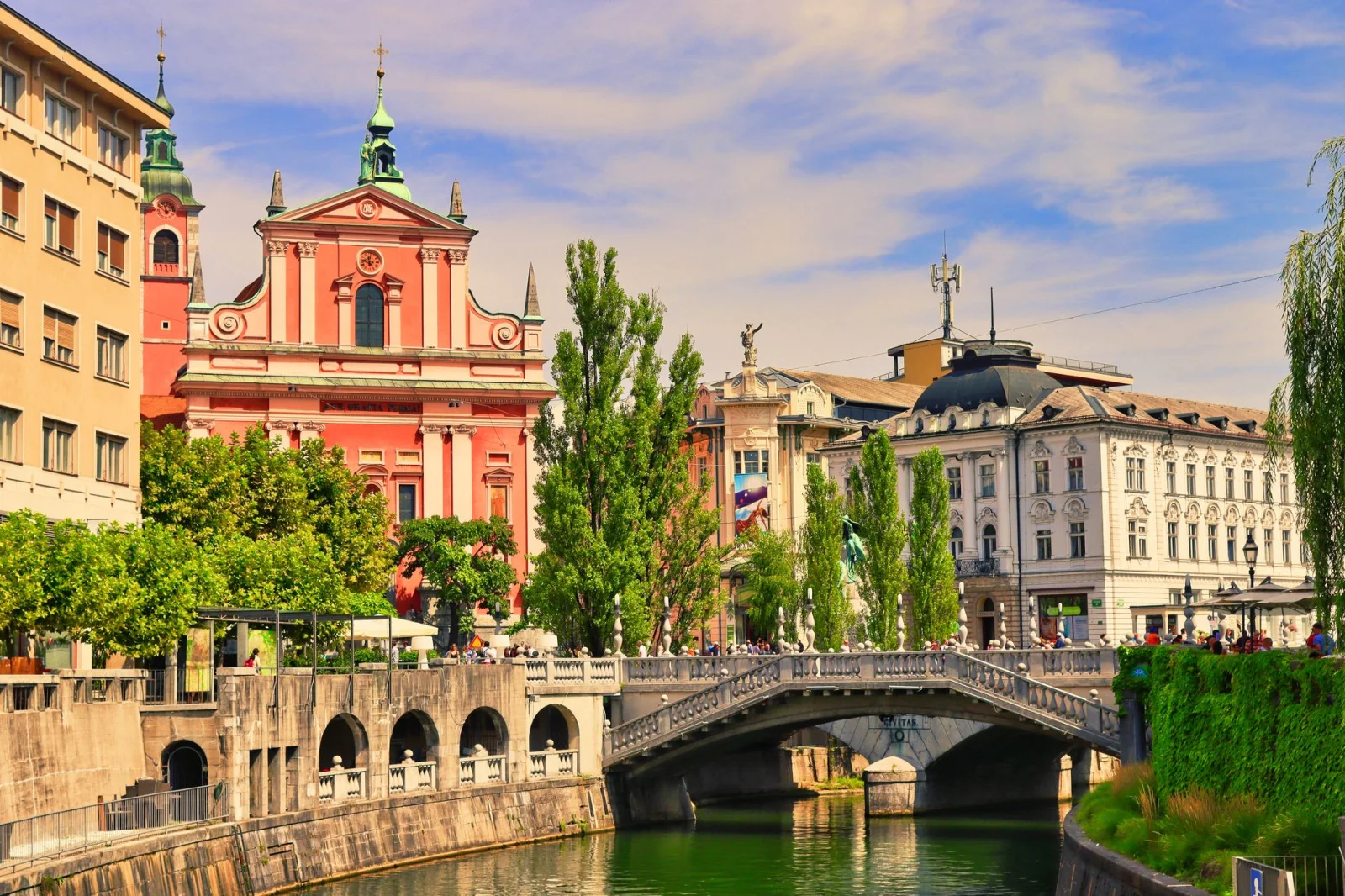 Ljubljana's Triple Bridge and Franciscan Church on a sunny day
