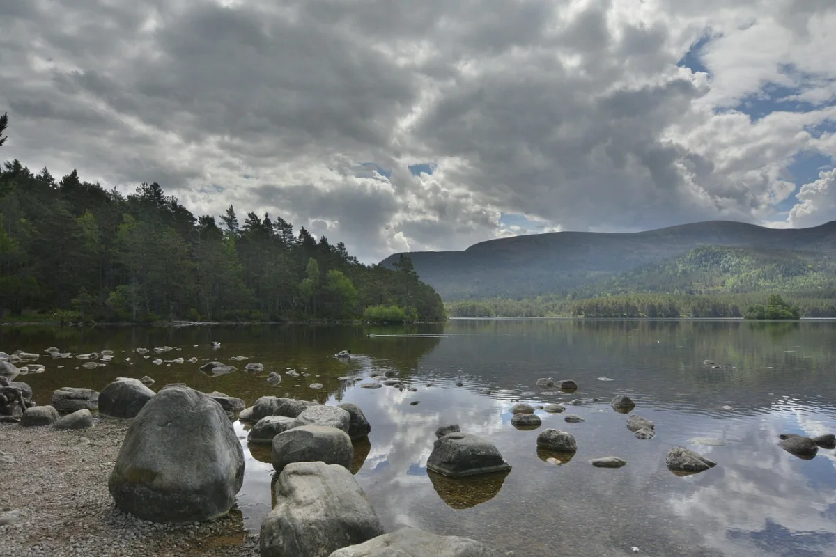 Loch an Eilein with its ruined castle in the Cairngorms, Scotland