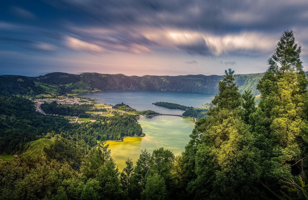 Sete Cidades twin crater lakes seen from the rim trail in the Azores