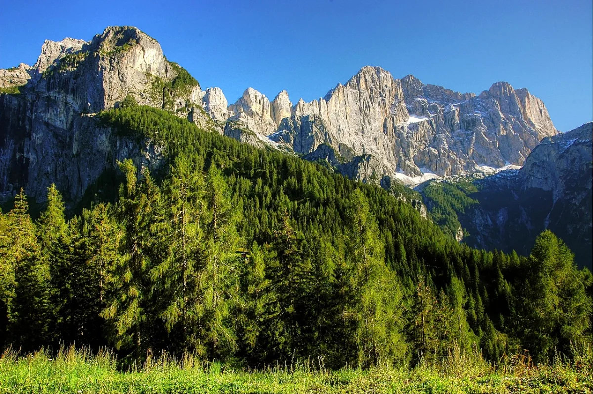 The green lower slopes and rock walls of the Civetta massif