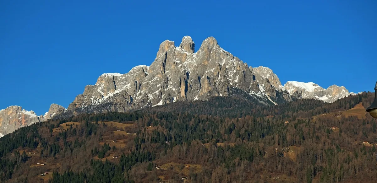 The Pale di San Martino rising above forested slopes