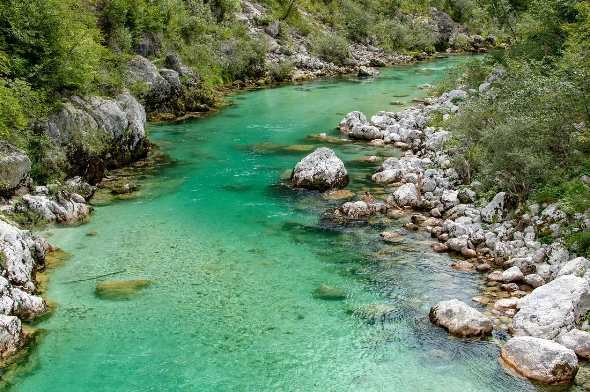 Turquoise Soča River flowing between pale rocks and forest